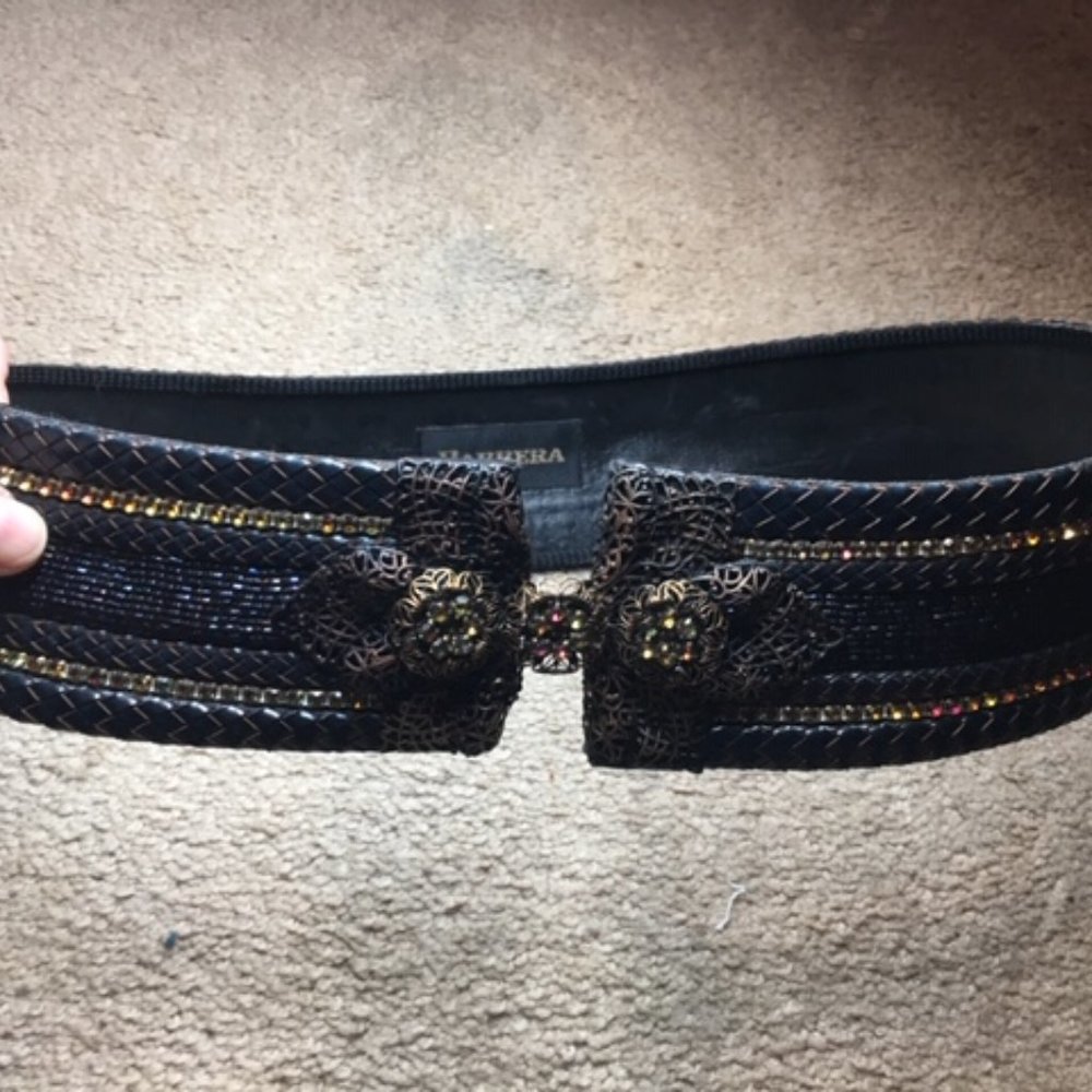 Barrera Beaded Rhinestones Wide Braided Leather BOHO Waist Belt Navy 30" - Picture 8 of 15